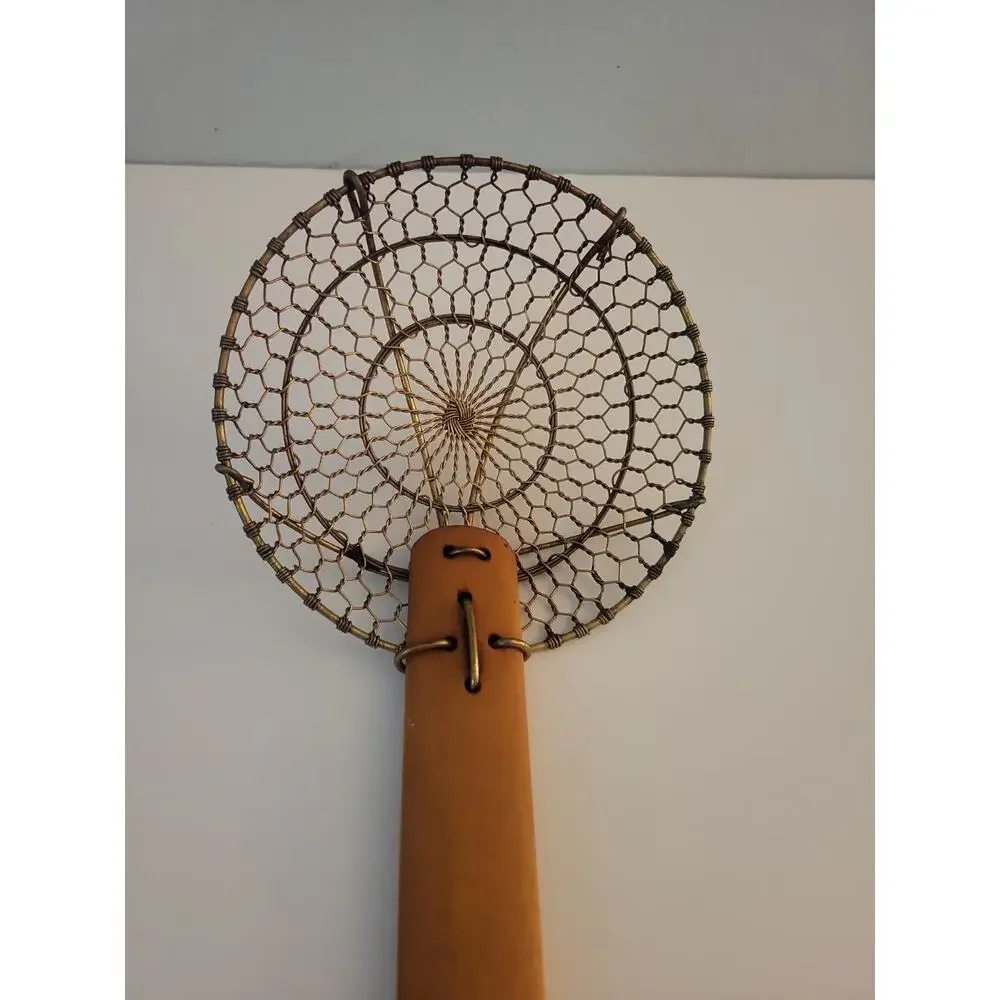 TWISTED COPPER WIRE SKIMMER STRAINER COLANDER WOOD HANDLE 15